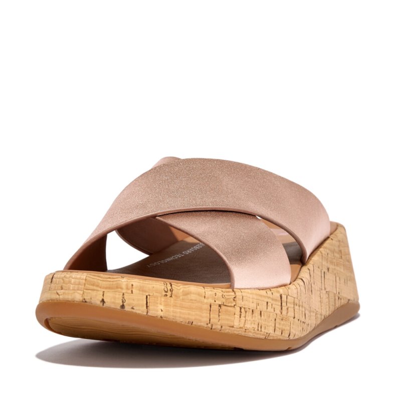 F-MODE METALLIC LEATHER/CORK FLATFORM CROSS SLIDES - Rose Gold - DROP 10