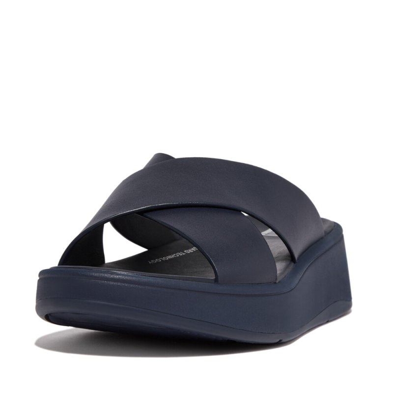 F-MODE LEATHER FLATFORM CROSS SLIDES - Midnight Navy - DROP 11